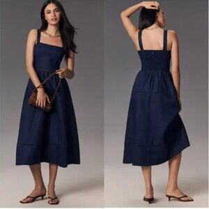 sz 12 Reformation Anthropologie Everett Linen Midi Dress in Danube Navy